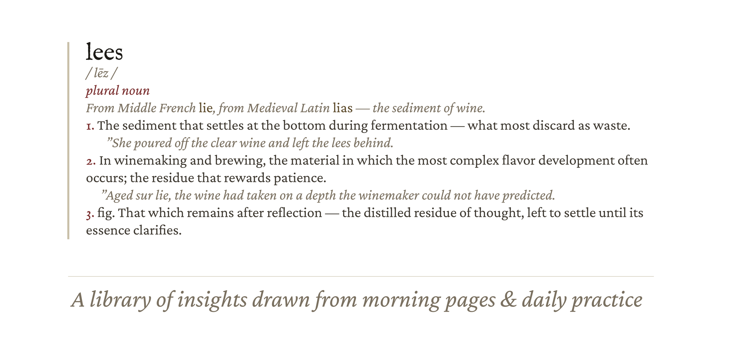 Parchment-toned hero image for the Library of From the Lees showing the lees dictionary definition.