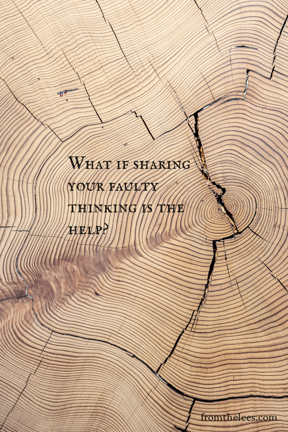 Close-up of weathered tree rings with a natural crack running through the wood beside the words, "What if sharing your faulty thinking is the help?" reflecting on the value of vulnerability and imprefect thinking.